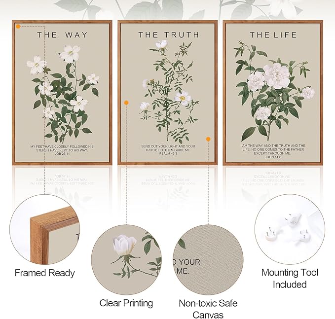 Aurlan The Way The Truth The Life Bible Verse Framed Wall Art(24"x36"), 3PCS Boho Christian Scripture Canvas Artwork, Large Floral Botanical Job 23:11 Psalm 43:3 John 14:6 Decor for Home Bedroom