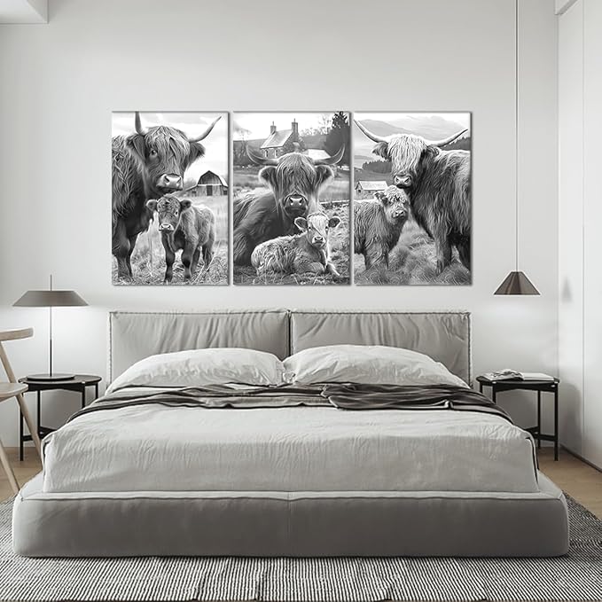 Yatsen Bridge 3 Panel Highland Cow & Calf Canvas Wall Art Warm Cute Cow Family Poster Wall Decor Black White Vintage Animals Artwork for Country Apartment Kitchen Hotel Decoration 24x36inchx3pcs