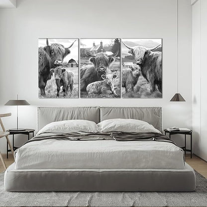 Yatsen Bridge 3 Panel Highland Cow & Calf Canvas Wall Art Warm Cute Cow Family Poster Wall Decor Black White Vintage Animals Artwork for Country Apartment Kitchen Hotel Decoration 24x36inchx3pcs