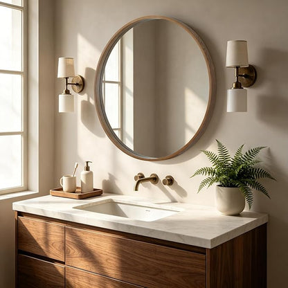 HOMECOOKIN Round Wood Mirror 32 inch Circle Mirror, Rustic Farmhouse Wooden Framed Decorative Wall Decor, Vanity Wall Mirror for Bathroom, Bedroom, Entryway, Living Room (Walnut)