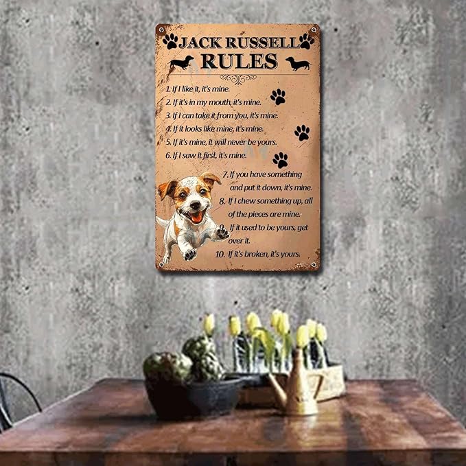 Metal Sign Tin Sign Vintage Wall Art Jack Russell Rules Tin Sign Paper for Home Decor 12×16 Inches