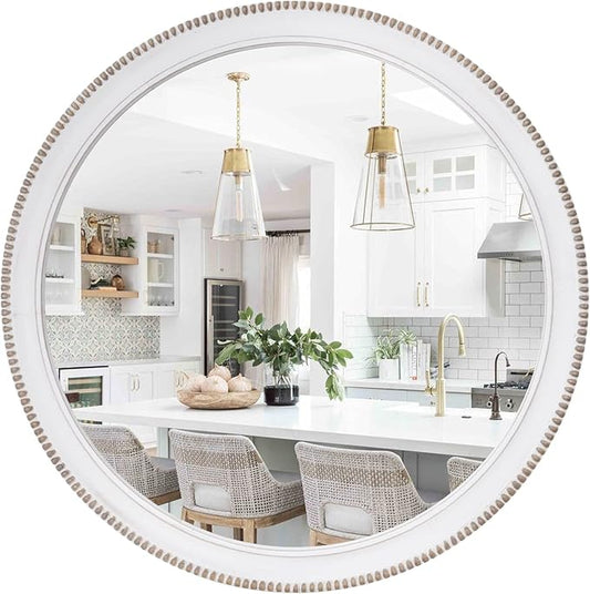 sawsile Round Wood Mirror,28 inch Circle Rustic Farmhouse White Wooden Frame Boho Beads Wall Mirror for Bathroom,Living Room,Bedroom or Entryway