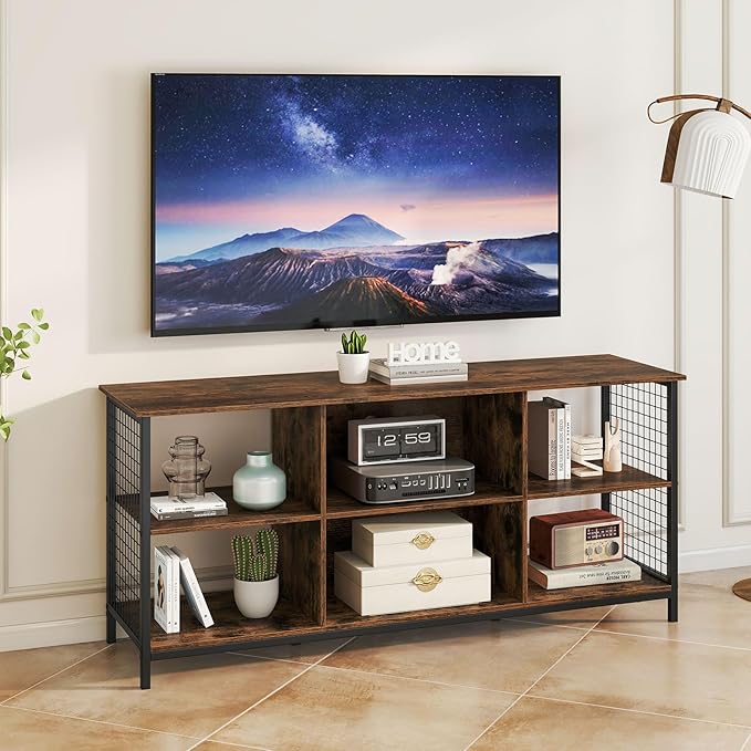 Giantex Industrial TV Stand for TVs up to 65 Inch, 3-Tier Entertainment Center with Power Outlets, Metal Mesh Sides & 2 Cable Holes, 6-Cube TV Console Table for Living Room, Bedroom, Rustic Brown