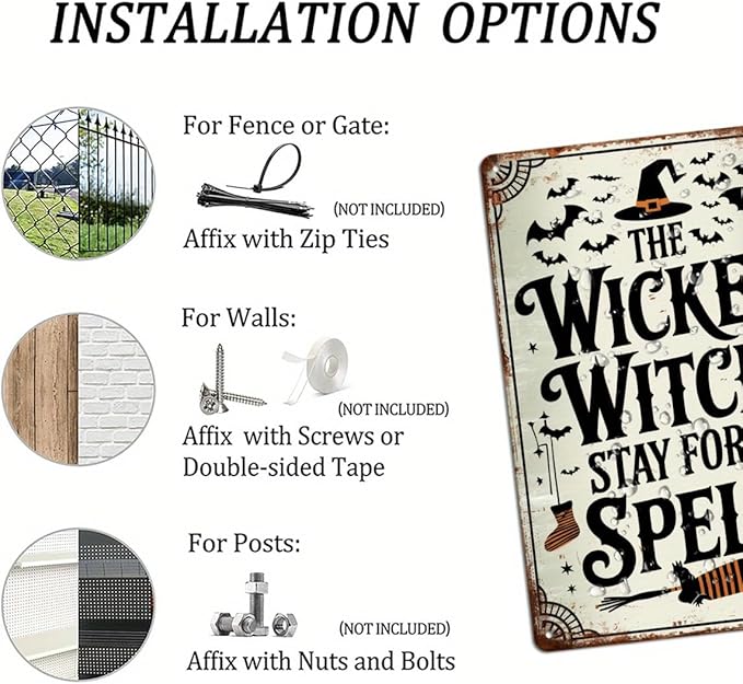 The Wicked Witch Stay for a Spell Halloween Metal Tin Sign Vintage Rustic Wall Decor for Home Entryway Living Room Kitchen Decorative Signs Metal Poster 8x12 Inch