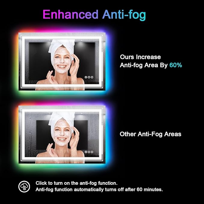 Snowdool LED Mirror for Bathroom, 60"X28" with 8 RGB Backlit +3 Front Lit (Adjustable Individually), Anti-Fog, Large Lighted Bathroom Vanity Mirror for Wall,Shatterproof,Memory Function,Tempered Glass