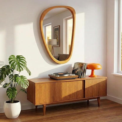 Solid Wood 36"x24" Modern Organic Asymmetrical Mirror, Warm Walnut Irregular Wooden Wall-Mounted Mirror, Sculptural Spa-Like Bathroom Vanity Mirror, Honey Walnut