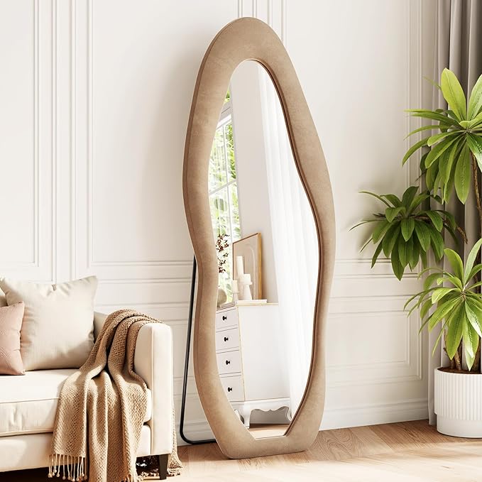 Irregular Full Length Mirror, 63"x24" Flannel Full Body Mirrors, Velvet Floor Mirrors with Stand, Irregular Wavy Mirror Hanging or Leaning Against Wall for Bedroom Living Room, Brown
