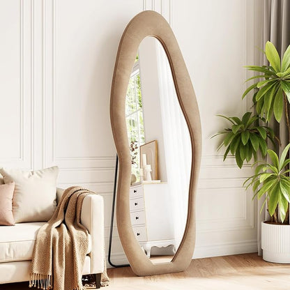 Irregular Full Length Mirror, 63"x24" Flannel Full Body Mirrors, Velvet Floor Mirrors with Stand, Irregular Wavy Mirror Hanging or Leaning Against Wall for Bedroom Living Room, Brown