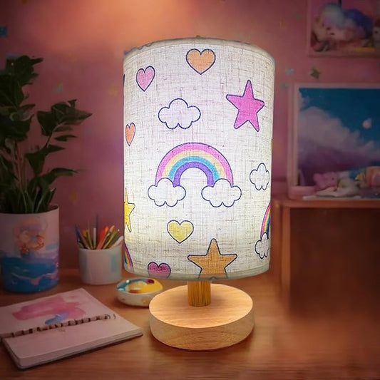 Rainbow Lamp, Rainbow Lamp for Girls Room, 3 Color Changing LED Night Light with 9 Brightness Levels Wood Nightstand Desk Base Flaxen Fabric Shade for Bedroom Living Room (Rainbows Clouds)