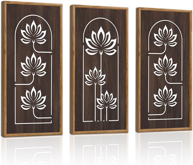 KAIRNE Lotus Wooden Wall Art,Floral Vintage Farmhouse Room Boho Decor,Set of 3(16” X 8”),Framed Mandala Lotus Flowers Wall Decor,Bohemian Retro Wood Hanging Board for Living Room Yoga room Office Decoration