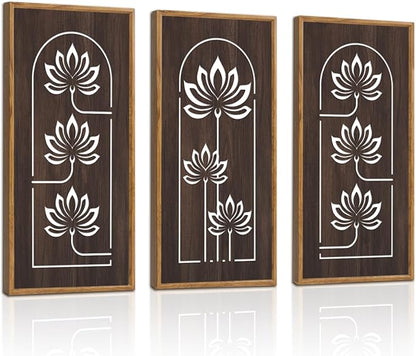 KAIRNE Lotus Wooden Wall Art,Floral Vintage Farmhouse Room Boho Decor,Set of 3(16” X 8”),Framed Mandala Lotus Flowers Wall Decor,Bohemian Retro Wood Hanging Board for Living Room Yoga room Office Decoration
