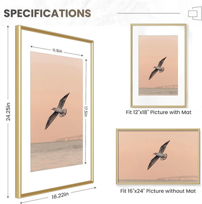 Fun Memories 16x24 Picture Frame Gold, Aluminum Poster Frame 16 x 24 for Wall, 16x24 Frame with Mat for 12x18, Modern Metal Frames 16 by 24 with Tempered Real Glass, 16 x 24 Art Frames