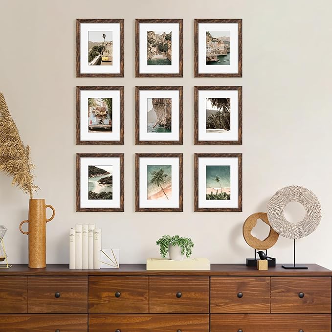 YESKAY 8x10 Picture Frame Set of 9, Display Pictures 5x7 with Mat or 8 x 10 Without Mat, Multi Photo Frames for Wall Mounting or Table Top Display, Rustic Brown