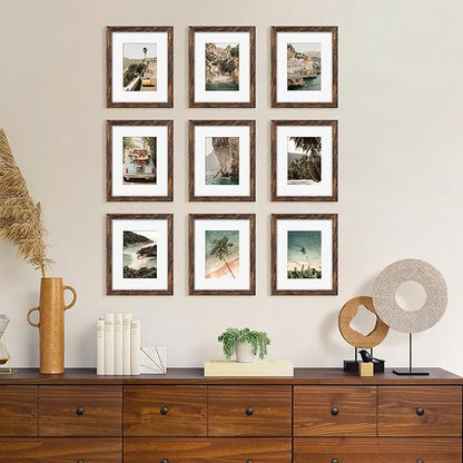 YESKAY 8x10 Picture Frame Set of 9, Display Pictures 5x7 with Mat or 8 x 10 Without Mat, Multi Photo Frames for Wall Mounting or Table Top Display, Rustic Brown