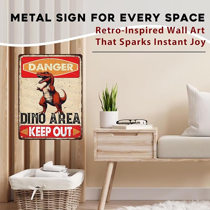 Dinosaur Vintage Tin Sign Danger Dinosaur Area Keep Out Funny Sign for Boys Room 12x16inch
