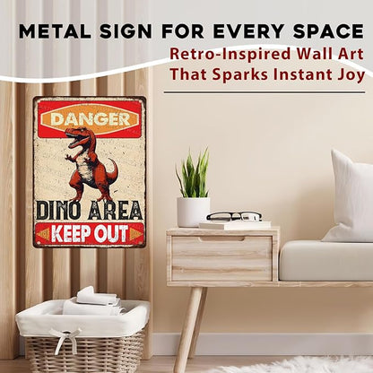 Dinosaur Vintage Tin Sign Danger Dinosaur Area Keep Out Funny Sign for Boys Room 12x16inch