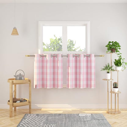 3 Pc Cotton Classic Country Farmhouse Kitchen Window Curtain Grommet Top -Pink & White Buffalo Check Tier & Valance Set, 54" x 18" / 32" x 24"