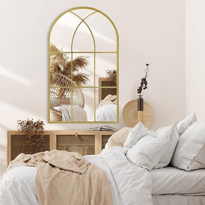 ironsmithn Gold Arched Mirror, 41.3"x24" Windowpane Mirrors, Window Finished Metal Mirror, Black Grid Mirrors for Decor Living Room Fireplace Entryway Bedroom Hallyway