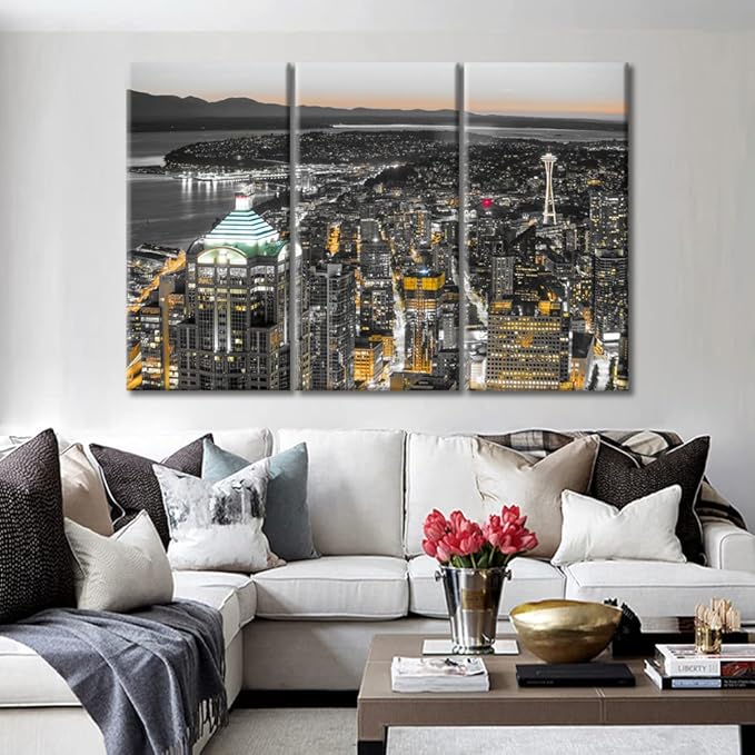 TUMOVO American Cityscape Canvas Paintings Wall Art 3 Pieces Downtown Seattle Skyline in Seattle Washington Skyscrapers Bedroom Decor Wall Art Framed Ready to Hang (60" Wx40 H)