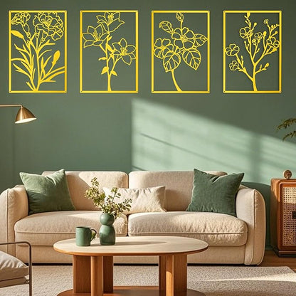 ZNZAPO 4 Pcs Large Gold Metal Flower Wall Art, Abstract Line Art Wall Decor, Minimalist Floral Wall Hanging Art, 3d Wall Art Sculptures Decor for Living Room Bedroom Bathroom (15.7 × 22.5”)