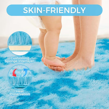Ultra Soft Rug for Living Room, 5X8 Fluffy Shag Area Rug for Bedroom, Modern Shaggy Carpets Fuzzy Rug for Teens Dorm Nursery Home Decor Aesthetic, Upgrade Anti-Skid Durable, Tie-Dyed Blue