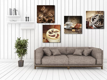 Wieco Art Warm Coffee Giclee Canvas Prints Wall Art Brown Bean Cup Pictures Paintings for Dining Room Kitchen Bar Home Decorations 4 Piece Large Modern Stretched and Framed Contemporary