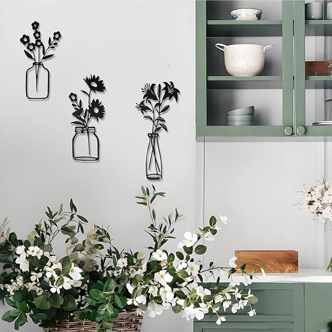 QZGXDECO Black Metal Flower Wall Decor,Metal Vase Wall Art,Minimalist Floral Wall Sculptures,Hanging Decor for Kitchen Dining Room Living Room Bathroom Bedroom(11.5'' X 3PCS)