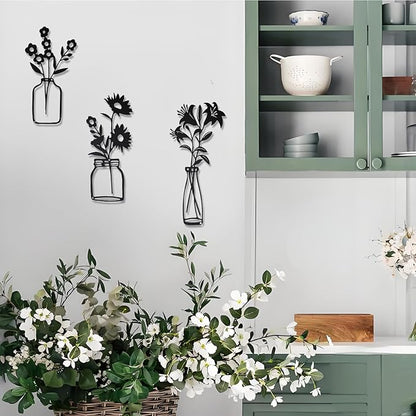 QZGXDECO Black Metal Flower Wall Decor,Metal Vase Wall Art,Minimalist Floral Wall Sculptures,Hanging Decor for Kitchen Dining Room Living Room Bathroom Bedroom(11.5'' X 3PCS)