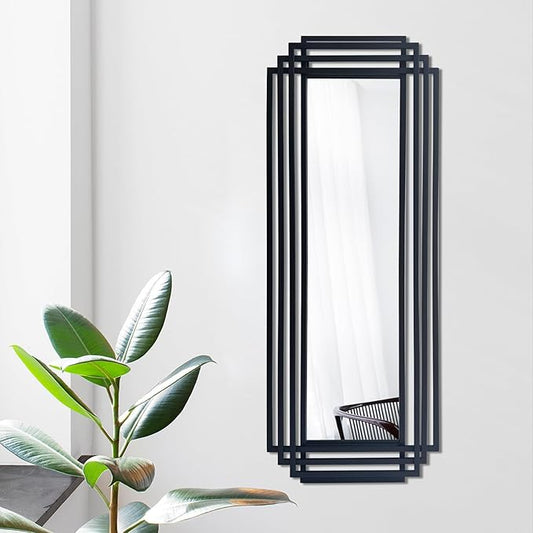 Geometric Wall Mirror, 42"x16" Art Deco Mirror wirh Black Metal Frame, Modern Rectangle Aesthetic Mirrors for Living Room Bedroom Entryway Hallway, Hangs Vertically or Horizontally