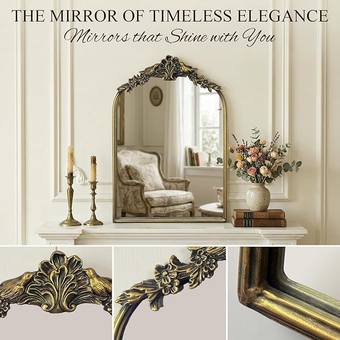 Antique Baroque Vintage Vanity Mirror 22x15Inch, Gold with Ornate Antique Frame, Arched Vintage Wall Mirror for Living Room, Fireplace, Entryway