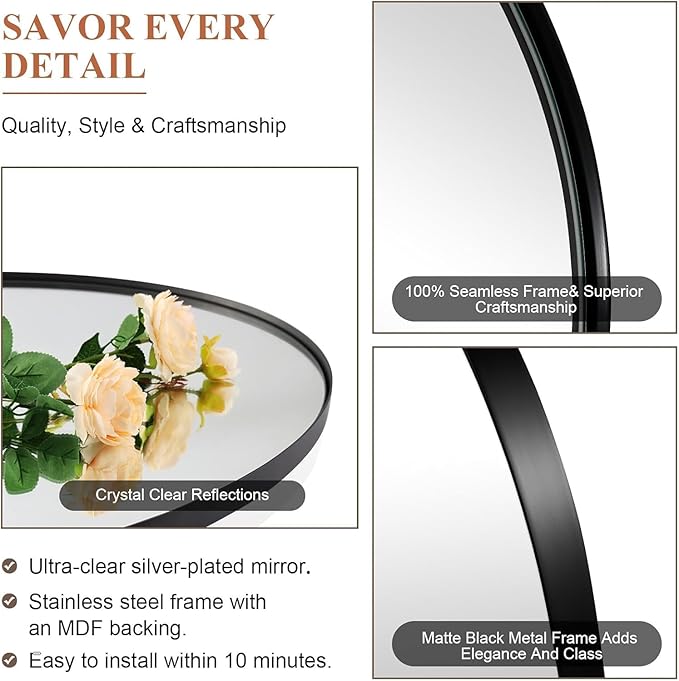 ANDY STAR Black Round Mirror Bathroom Mirrors, 28 Inch Vanity Mirror with Rust-Poof SUS304 Frame, Matte Black Mirror for Living Room, Powder Room, Entryway