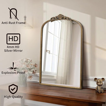 Micasso Vintage Wall Gold Mirror: 31"x 19" French Baroque Antique Mirror - Traditional Ornate Decorative Arched for Wall/Bathroom/Entryway/Fireplace/Hallway - Home Decor for Living Room