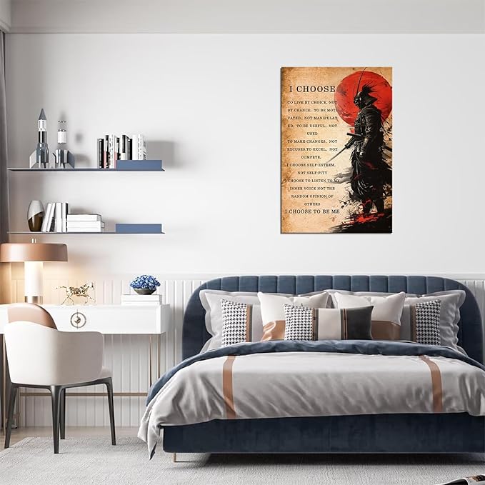 Japanese Samurai Wall Art Poster Motivational Quotes - I CHOOSE - Vintage Inspirational Pictures Canvas Prints Painting for Men Bedroom Living Room Office Japan Themed (18''W x 24''H)