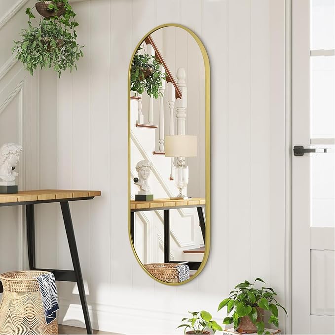Large Oval Full Length Mirror, Pill Shaped Oblong Bathroom Wall-Mounted Mirrors, Metal Aluminum Alloy Frame Modern Simple Home Decor for Living Room Bedroomm 48"x16" Light Gold