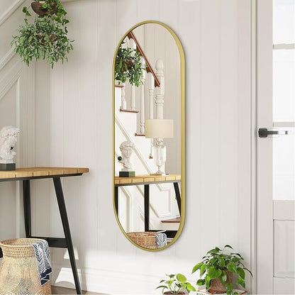 Large Oval Full Length Mirror, Pill Shaped Oblong Bathroom Wall-Mounted Mirrors, Metal Aluminum Alloy Frame Modern Simple Home Decor for Living Room Bedroomm 48"x16" Light Gold