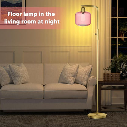 Glass Floor Lamp for Living Room, Modern Standing Lamp with Pink Ribbed Glass Lampshade&Brushed Gold, Stepless Dimmable and Rotary Switch, 66” Tall Lamp & Gold Floor Lamp for Bedroom Study Room, Pink