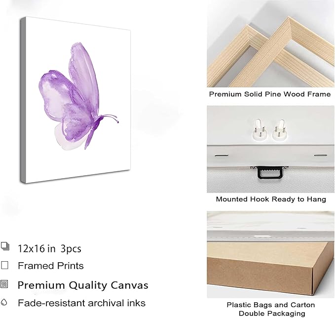 3Pcs Butterfly Canvas Wall Art Purple Butterfly Posters Pictures Minimalist Cute Animal Paintings Aesthetic Preppy Room Prints for Girls Bedroom Nursery Home Wall Decor Gift Framed