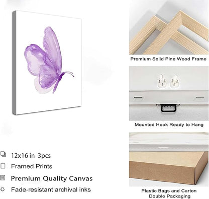 3Pcs Butterfly Canvas Wall Art Purple Butterfly Posters Pictures Minimalist Cute Animal Paintings Aesthetic Preppy Room Prints for Girls Bedroom Nursery Home Wall Decor Gift Framed