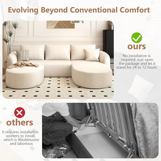 Settab 111" Modular Sectional Couches Luxury Modern Curved Back U-Shape Sofa Set with Ottoman,Minimalist Comfy Boneless Cloud Couch for Living Room Apartment,(Right Facing Chaise,White)