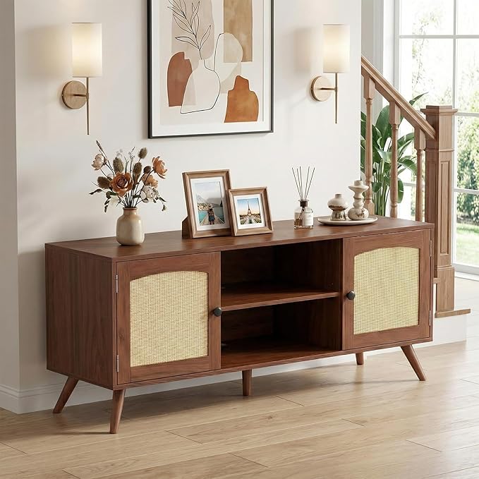 holzart Mid Century Modern Rattan TV Stand for 55/60 Inch TV - 53" Boho Media Console Table with Cane Doors & Open Shelves, Rustic Brown Entertainment Center for Living Room, Hallway, Entryway