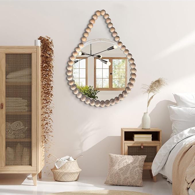 POZINO Wood Beaded Round Wall Mirror, 24" Farmhouse Hanging Rustic Mirror with Rope, Spherical Frame for Bathroom Bedroom Living Room Hallway Entryway Fireplace