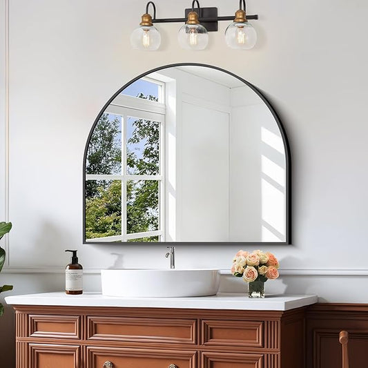 CIRCUMI Arched Wall Mirror, 36"x30" Black Arched Mirror with Tempered Glass, Metal Frame, Large Size for Entryway Table, Mantel,Living Room,Over Sink,Arch Mirror for Decor,Shatterproof&Crystal-Clear