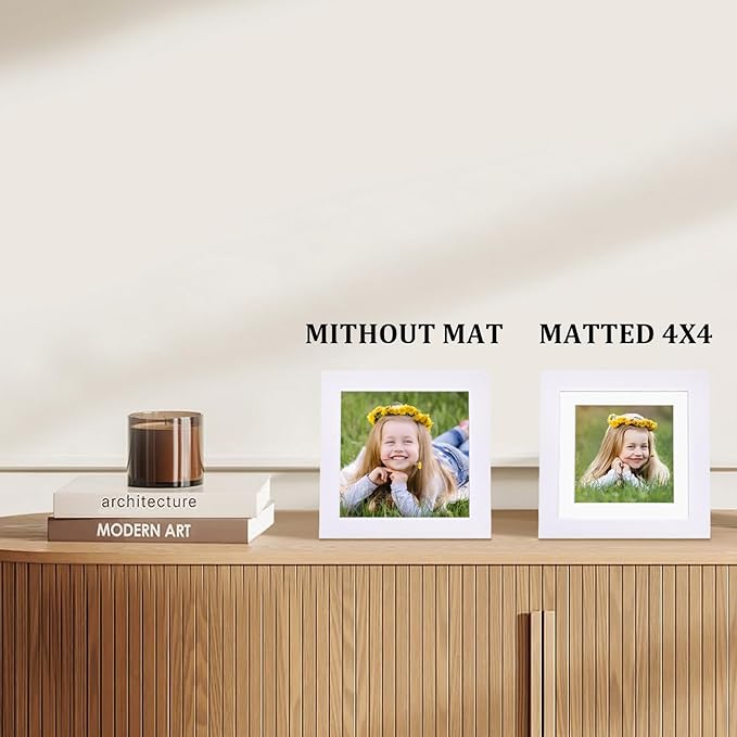 Egofine 5x5 Picture Frames Set of 4, Made of Solid Wood Covered by Plexiglass Display 4x4 with Mat or 5x5 without Mat, for Table Top Display and Wall Mounting Photo Frame, White