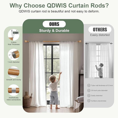 QDWIS Wood Curtain Rods for Windows 66 to 120 Inch,1'' Diameter Drapery Rods with Imitation Wood Grain Leaf Pattern Finials,Boho Adjustable Heavy Duty Curtain Rods Set,36-120'',Color:Natural Wood