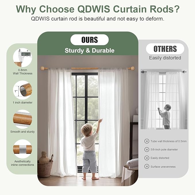 QDWIS 2 Pack Wood Curtain Rods for Windows 28 to 48 Inch,1'' Diameter Drapery Rods with Imitation Wood Grain Leaf Pattern Finials,Boho Adjustable Heavy Duty Curtain Rods Set,18-60'',Color:Natural Wood