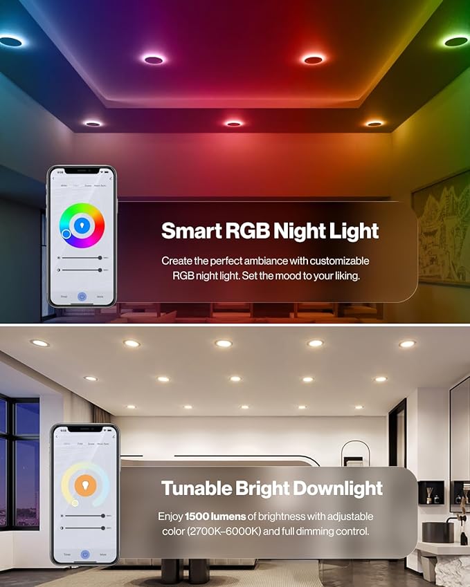 Sunco 2 Pack 6 Inch Smart Ultra Thin LED Recessed Ceiling Lights with Night Light, Tunable CCT 2700K to 6000K, Dimmable, 15W, Smooth Trim, Canless with Junction Box.