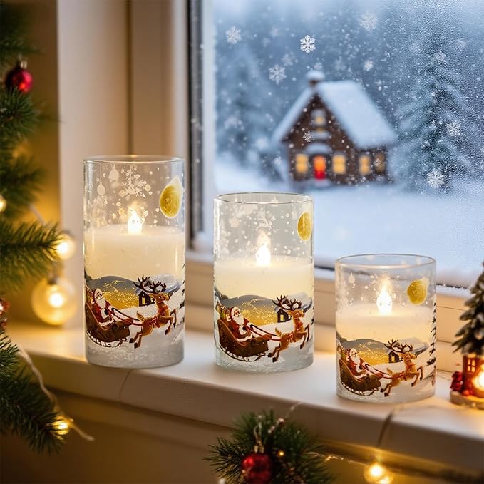 Santa Glass Flameless Candles Rechargeable Battery Operated with Remote and Timer Real Wax LED Flickering Pillar Candles White Cold Light Window Christmas Holiday Decor D3 x 4",5",6"