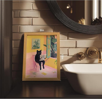 Cyebmo Funny Bathroom Wall Art, Cute Black Cat Sitting on Toilet Reading Newspaper Wall Decor, Whimsical Pink Abstract Animal Canvas Artwork for Bathroom Kid's Restroom Bedroom Wood Framed 8x10 Inch
