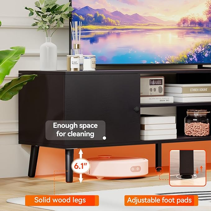 FDW TV Stand for 55 60 Inch TVs,Entertainment Center with 2 Storage Cabinets and Open Shelves, Modern Media Console Table for Living Room, Bedroom, Home Office,Black