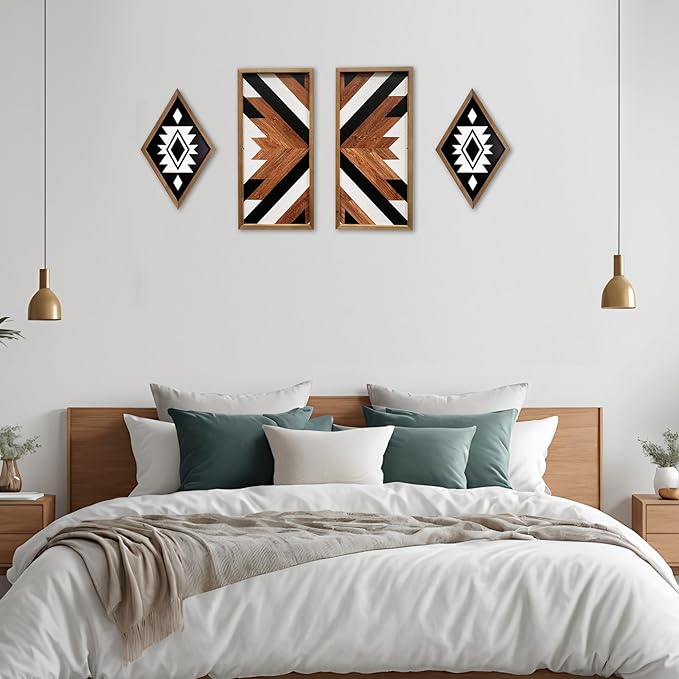 2 Pcs Western Aztec Wall Decor With Wood Framed, 20.9x9.8 Inch Wooden Southwestern Boho Wall Art, Native American Living Room Bedroom Guest Bathroom Rustic Decorations for Home